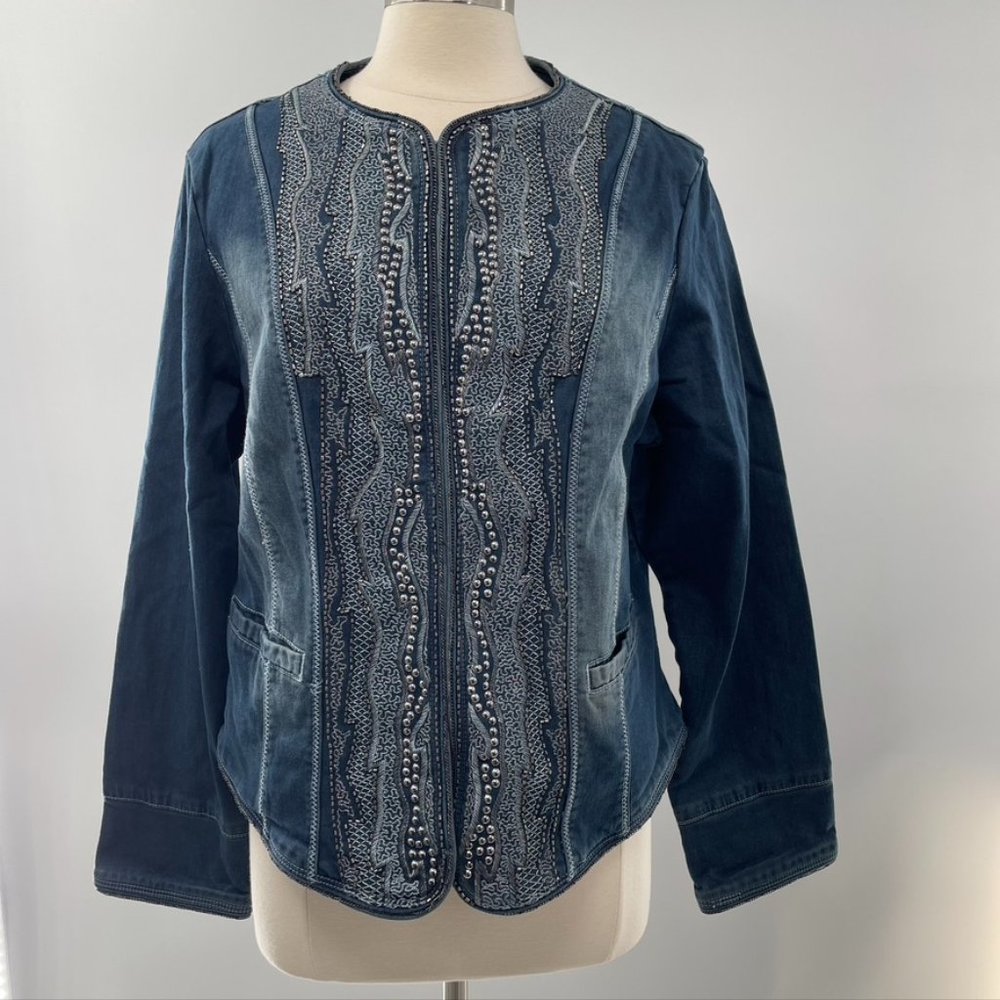 Reba Womens Blue Embellished Embroidered Studded Denim Jean Jacket  Size XL